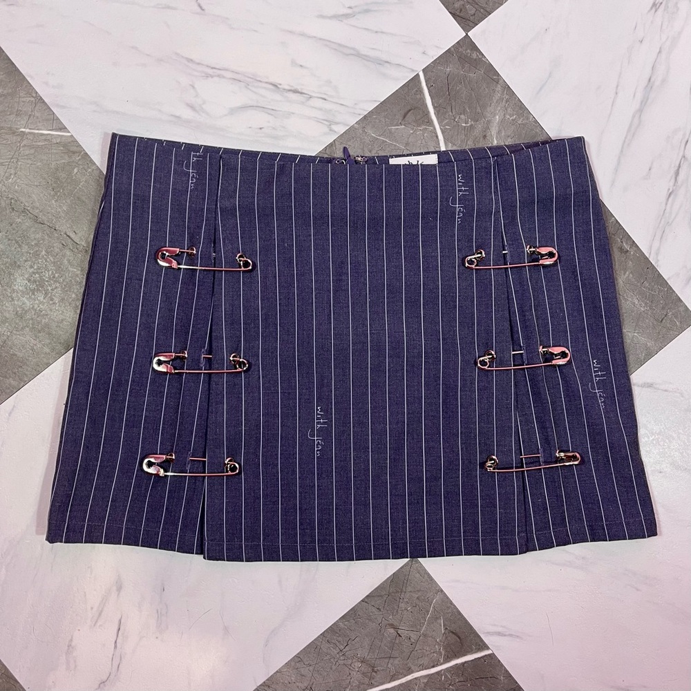 With Jean Navy Pinstripe Mini Skirt with Safety Pin Accents